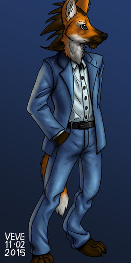 4_toes anthro belt biped black_belt black_claws black_nose blue_bottomwear blue_clothing blue_pants blue_suit bottomwear brown_body brown_fur brown_hair button_(fastener) cheek_tuft claws clothing facial_tuft feet front_view fur glistening glistening_eyes green_eyes hair hand_in_pocket inner_ear_fluff male neck_tuft orange_body orange_ears orange_fur orange_tail pants pockets shirt solo standing suit tail toes topwear tuft white_body white_clothing white_fur white_inner_ear white_shirt white_tail white_topwear skyelegs canid canine mammal maned_wolf 2015 digital_media_(artwork) hi_res