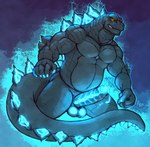 balls black_body bodily_fluids genital_fluids genitals humanoid_genitalia humanoid_penis male non-mammal_balls penis solo tail rho_art godzilla_(series) toho godzilla kaiju 2019 absurd_res hi_res