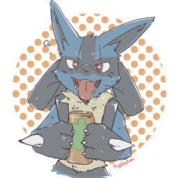 anthro armband beverage beverage_can can container dotted_background fur happy holding_beverage holding_can holding_container holding_object looking_at_viewer male pattern_background pivoted_ears simple_background smile solo spiked_armband spikes tongue tongue_out hiyaudon nintendo pokemon canid generation_4_pokemon lucario mammal pokemon_(species) 1:1 2021 digital_media_(artwork) hi_res signature