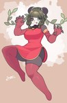 2023 5_fingers anthro arumo asian_clothing bear black_nose braided_hair clothing east_asian_clothing female fingers giant_panda green_eyes green_hair hair hi_res legwear mammal one_eye_closed red_clothing red_legwear red_stockings simple_background smile solo stockings tongue tongue_out