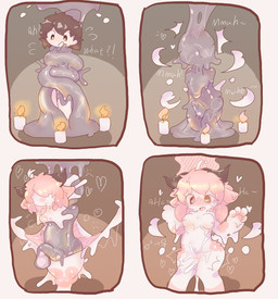 anthro biped bodily_fluids bound breasts brown_hair bulge candle cum cum_ballooning cum_inflation cum_inside detailed_bulge directional_arrow encasement erection female female_anthro female_symbol gender_symbol gender_transformation genital_fluids genital_outline genitals goo_tentacles goo_transformation hair heart_symbol horizontal_pupils horn human_to_anthro inflation kneeling looking_down looking_down_at_self male male_human male_symbol mtf_transformation nipples nude open_mouth penis penis_outline pink_hair pupils simple_background solo species_transformation standing steam suit_transformation symbol tentacles text transformation transformation_sequence vaginal_fluids vulva ginyertac potatolamb_(potatoximon) human mammal 2023 absurd_res chinese_description colored comic english_text hi_res