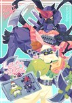 anthro apron baking black_body blade blush claws clothing cookie cooking duo food male mask ninja ranged_weapon shuriken tail tail_blade text toe_claws veil warrior weapon weapon_tail yellow_eyes roccoco-co bandai_namco digimon digimon_(species) fumamon scalie shurimon english_text hi_res