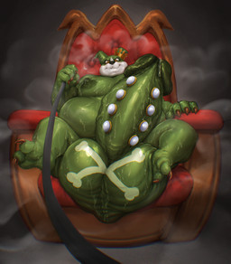 2_toes 4_fingers alternate_color anthro balls big_balls big_penis black_nose bodily_fluids brown_eyes chair claws crown double_chin erection feet fingers first_person_view furniture genital_fluids genital_piercing genitals green_body green_skin headgear huge_balls huge_penis humanoid_genitalia humanoid_penis hyper hyper_balls hyper_genitalia hyper_penis leash leash_pull looking_at_viewer male obese obese_anthro obese_male overweight overweight_anthro overweight_male penis penis_piercing piercing precum retracted_balls smile solo steam sweat toe_claws toes vein veiny_penis white_body white_skin dagapuff bandai_namco digimon digimon_(species) impmon 2022 digital_media_(artwork) hi_res