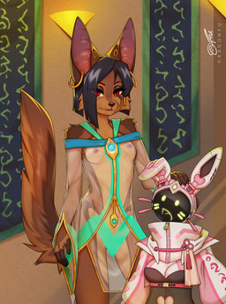 anthro areola biped breasts claws clothed clothed_anthro clothed_female clothing countershade_torso countershading duo eyebrows female fingers front_view fur hair inside looking_at_viewer machine nipples standing tail dragonfu kesis_(fluff-kevlar) canid canine mammal robot 2026 digital_drawing_(artwork) digital_media_(artwork) hi_res