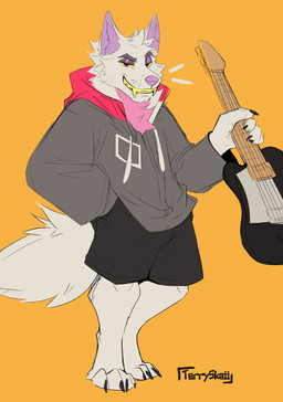 bottomwear clothed clothing electric_guitar fur guitar male musical_instrument paws plucked_string_instrument sharp_teeth shorts solo string_instrument teeth white_body white_fur terryskaii canid canine canis domestic_dog mammal absurd_res hi_res