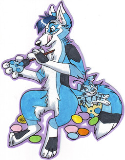 ambiguous_gender antennae_(anatomy) anthro black_nose blue_body blue_eyes blue_fur blue_hair brush buckteeth digitigrade duo easter_egg egg eyebrows featureless_crotch feet fur hair hindpaw holding_brush holding_egg holding_object holding_paintbrush holidays licking licking_lips licking_own_lips looking_up_at_another male markings nude outline paintbrush painting_(action) paws purple_outline short_hair sitting size_difference smile_lines snout star_(marking) tail teeth tongue tongue_out white_body white_fur blondefoxy easter canid canine canis mammal wolf 2008 marker_(artwork) pen_(artwork) shaded traditional_media_(artwork)