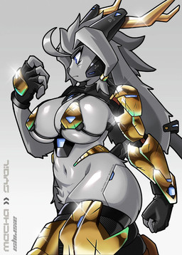 anthro antlers armor bangs battle_damage big_breasts bikini blue_eyes bottomless breasts clothed clothing cybernetic_arm cybernetic_limb cybernetics cyberpunk female fingerless_gloves fist floppy_ears fur gauntlets gloves gold_(metal) gold_armor grey_body grey_fur handwear horn legwear lop_ears machine pubes serious_face side_boob side_view solo standing stockings swimwear text thick_thighs two-piece_swimsuit under_boob ishiexe golden_week pseudoregalia sybil_(pseudoregalia) bovid caprine cyborg domestic_cat felid feline felis goat hybrid lagomorph leporid mammal rabbit hi_res