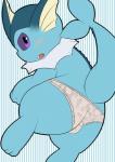 3_toes bulge clothing cute_fangs eeveelution feet generation_1_pokemon hi_res kaldiryu looking_at_viewer looking_back male nintendo open_mouth pokemon pokemon_(species) purple_eyes raised_tail simple_background snout solo tail toes tongue underwear vaporeon