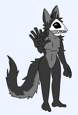 anthro black_body black_fur bone bone_mask feet fur gesture humanoid_feet male mask nude plantigrade simple_background skull skull_head skull_mask solo tail waving white_background anonymous_artist canid canine mammal