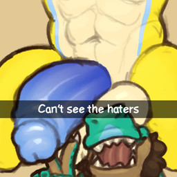 anthro balls balls_on_face big_penis blue_penis blue_stripes brown_hair caption caption_box claws duo facial_hair genitals gesture hair hand_gesture humanoid_genitalia humanoid_penis male male/male muscular nude patterns penis selfie sideburns sketchy smile stripes teeth text tongue v_sign yellow_body yellow_skin trick_rex can't_see_the_haters mythology niri_(character) trick_rex_(character) dinosaur dragon mythological_creature mythological_scalie prehistoric_species reptile saurischian scalie theropod tyrannosaurid tyrannosauroid tyrannosaurus tyrannosaurus_rex 1:1 colored_sketch english_text meme sketch