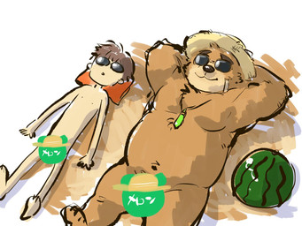 anthro belly brown_body brown_fur clothing convenient_censorship countershading duo eyewear food fruit fur hat headgear headwear lying male melon moobs navel nipples overweight overweight_male plant straw_hat sunglasses text watermelon shirako lifewonders tokyo_afterschool_summoners volos_(tas) bear human mammal 2019 4:3 censored hi_res japanese_text