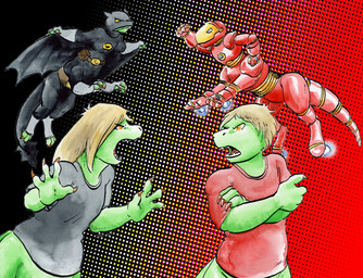 3_toes 4_fingers 4_toes abstract_background alternate_form alternate_universe annoyed argument armor arms_bent arms_out belt big_hands black_background black_clothing black_shirt black_t-shirt black_topwear blonde_hair bottomwear claws clothing costume crossed_arms earless eye_contact faceoff fake_wings feet female feral feral_armor fight fingers fullbody_suit furgonomic_armor furgonomic_bottomwear furgonomic_headwear furgonomic_helmet furgonomics gesture green_body group hair hand_gesture headgear helmet jumping long_hair looking_at_another male open_mouth orange_eyes raised_arm red_background red_clothing red_shirt red_t-shirt red_topwear sharp_teeth shirt short_hair short_tail simple_background simple_eyes smile snout speech_bubble standing stippling straight_hair superhero superhero_costume t-shirt tail tapering_tail teeth toes tongue topwear utility_belt white_background wingsuit yellow_claws cervelet batman_(series) dc_comics marvel batman crystal_(growing_troubles) iron_man miles_(growing_troubles) lizard lizard_taur reptile reptile_taur scalie scalie_taur taur 2021 comic digital_media_(artwork) painting_(artwork) shaded signature traditional_media_(artwork) traditional_painting_(artwork) traditional_watercolor_(artwork) watercolor_(artwork) brother_(lore) sibling_(lore) sister_(lore)
