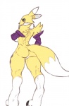 anthro black_sclera blue_eyes breasts butt butt_pose digitigrade female fur leg_markings looking_back low-angle_view markings mostly_nude pose rear_view side_boob simple_background socks_(marking) solo thick_thighs white_background white_body white_fur wide_hips yellow_body yellow_fur robotjoe bandai_namco digimon canid canine digimon_(species) mammal renamon