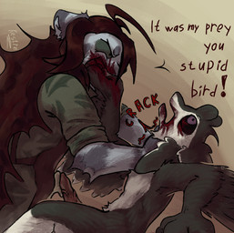 3_fingers 4_ears abuse angry animal_genitalia animal_penis anthro anthro_on_anthro argument asphyxiation biped bite black_body black_feathers black_finger_claws black_fur black_hair black_sclera blood blood_in_mouth blood_on_face blood_on_hand blood_splatter bodily_fluids broken_neck brown_hair chest_tuft choking claws clothed clothed/nude clothing countershading cum death dialogue dominant dominant_female dripping duo ejaculation erection exclamation_point facial_tuft feathered_wings feathers female female_anthro fight fingers forced fully_clothed fur genital_fluids genitals gore gore_focus grabbing green_clothing green_eyes green_shirt green_topwear grey_body hair hand_bite hands-free holding_another killing leaking long_hair looking_at_another looking_up lying male male/female male_anthro markings multi_ear multicolored_body multicolored_feathers mutilation neck_grab neck_snap nude nude_anthro nude_male on_back onomatopoeia open_mouth orgasm pain penis pinned profanity purple_eyes red_genitals red_penis red_text shirt side_view simple_background size_difference sleeves smaller_male snuff sound_effects stripes struggling submissive submissive_anthro submissive_male tapering_penis teeth text topwear tuft vein veiny_penis violence white_body white_feathers white_fur wide_eyed winged_arms wings wounded yelling kestrel_(artist) abigail_(kestrel) fyr_(fenrir784) avali avian bird felid feline mammal pantherine tiger 2026 colored digital_drawing_(artwork) digital_media_(artwork) english_text hi_res shaded signature simple_shading maleherm_(lore)