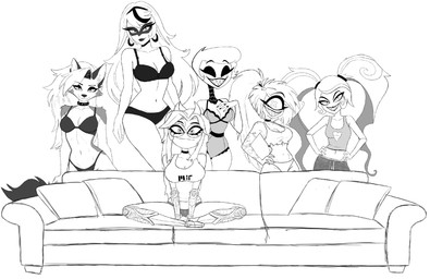 1_eye anthro bedroom_eyes bra breasts choker cleavage clothed clothing cybernetic_arm cybernetic_leg cybernetic_limb cybernetics ear_piercing ear_ring empty_eyes eyewear female freckled_breasts freckled_face freckled_shoulders freckles furniture glasses grin group hair hand_on_chest hoop_ear_ring horn jewelry legs_together lingerie long_hair machine makeup mascara midriff narrowed_eyes navel necklace notched_ear panties pantsless piercing ponytail ring_piercing seductive segmented_arms shirt short_hair simple_background sitting smile sofa standing tank_top topwear twintails_(hairstyle) underwear underwear_only wearing_glasses white_background x_pupils learntoartofftumblr hazbin_hotel hellaverse helluva_boss mythology piper_perri_surrounded carmilla_carmine cherri_bomb_(hazbin_hotel) fan_character iggy_(learntoartofftumblr) loona_(helluva_boss) rosie_(hazbin_hotel) velvette_(hazbin_hotel) canid canid_demon canine cyborg cyclops demon hellhound horned_humanoid humanoid mammal mythological_canine mythological_creature sinner_demon 2026 absurd_res greyscale hi_res meme monochrome