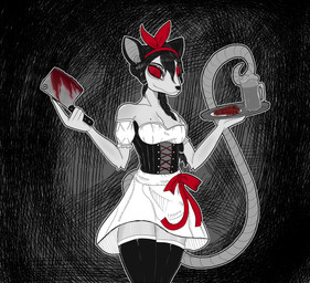 abstract_background anthro black_clothing black_hair black_legwear black_thigh_highs blood blood_on_knife bodice bodily_fluids bottomwear braided_hair breasts cleaver_(knife) clothing container creepy creepy_face cup cutlery female fingers food front_view hair humanoid_hands kitchen_knife kitchen_utensils knife legwear long_hair long_tail looking_at_viewer meat medium_breasts rat_tail red_eyes red_ribbon serving_tray skirt smile solo standing stein tail thigh_highs tools white_bottomwear white_clothing white_skirt gothgator0 mammal murid murine rat rodent absurd_res hi_res portrait three-quarter_portrait