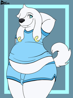 anthro belly bottomwear bulge clothing ear_piercing ear_ring femboy fur hotpants male overweight overweight_male piercing ring_piercing shirt shorts solo topwear white_body white_fur december_dreams family_guy jasper_(family_guy) canid canine mammal 3:4 hi_res