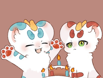 ambiguous_gender birthday birthday_cake blue_body blue_fur blush cake candle dessert duo eyes_closed feral food fur fur_markings green_eyes happy inner_ear_fluff looking_at_another markings mouth_closed multicolored_body multicolored_fur pawpads paws raised_hand red_body red_fur round_ears simple_background smile tuft two_tone_body two_tone_fur white_body white_fur jixiang25 asian_mythology chinese_mythology east_asian_mythology fabulous_beasts fenz_(studio) mythology bixie_(fabulous_beasts) tianlu_(fabulous_beasts) mythological_creature pixiu 4:3 colored hi_res brother_(lore) brothers_(lore) sibling_(lore)