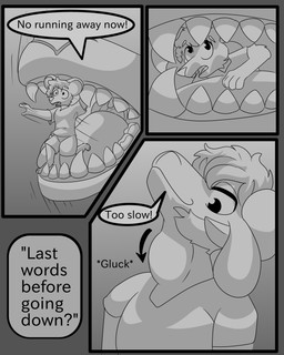 anthro duo escape_attempt male male/male open_mouth oral_vore scared speech_bubble swallowing teeth text unwilling_prey uvula vore kolev_art kolev_of_astora bovid caprine mammal murid murine rat rodent sheep 4:5 comic english_text hi_res monochrome