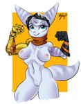 anthro blue_eyes breasts clothing cybernetic_arm cybernetic_limb eyewear eyewear_on_head female flexing genitals gloves goggles goggles_on_head handwear mostly_nude nipples nude pink_nipples pose prosthetic prosthetic_arm prosthetic_limb pussy scarf simple_background smile solo standing stripes panthera_cantus ratchet_and_clank sony_corporation sony_interactive_entertainment rivet_(ratchet_and_clank) lombax mammal