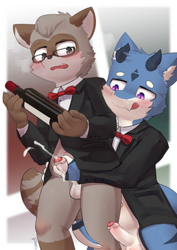 anthro balls blush bodily_fluids bottle bottomless bottomless_male clothed clothing container cum cumshot duo ejaculation eyewear foreskin fur genital_fluids genitals glasses handjob horn humanoid_genitalia humanoid_penis male male/male open_mouth penile penis purple_eyes sex shota standing young young_anthro young_male cubboard mythology arkgon domestic_cat dragon felid feline felis furred_dragon furred_scalie hybrid mammal mythological_creature mythological_scalie procyonid raccoon scalie 2022 absurd_res hi_res signature