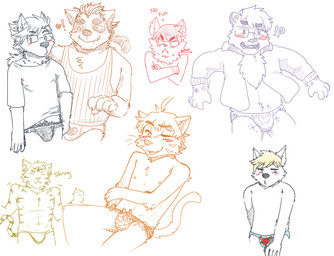 angry anthro blonde_hair blush bodily_fluids bulge chest_tuft clothing crossed_arms drooling duo exclamation_point eyewear fur gesture glasses hair heart_symbol interrobang male motion_onomatopoeia onomatopoeia panties pubes saliva shrug shrug_(sound_effect) simple_background solo sound_effects standing text tuft underwear whiskers white_body white_fur hotoshuken bear canid canine canis domestic_cat felid feline felis mammal pantherine tiger wolf multiple_images