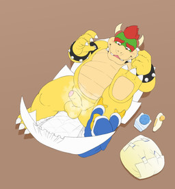 anthro balls blush bodily_fluids clean_diaper clothing diaper diaper_change discarded_diaper genital_fluids genitals hair male open_diaper penis putting_on_diaper raised_leg red_hair solo unclean_diaper urine used_diaper watersports wet_diaper wetting tuta mario_bros nintendo bowser kamek dragon_koopa koopa magikoopa reptile scalie turtle hi_res