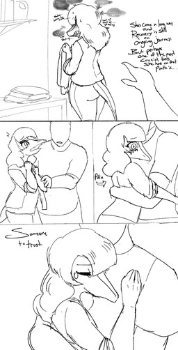 anthro bald bodily_fluids clothed clothing crying dialogue duo featureless_face female hair hug laundry long_hair long_snout male simple_background snout tears text white_background rexhastala cavemanon_studios snoot_game anon anon_(snoot_game) schizo_chan_(snoot_game) compsognathid compsognathus dinosaur human mammal prehistoric_species reptile scalie theropod comic english_text hi_res monochrome sketch