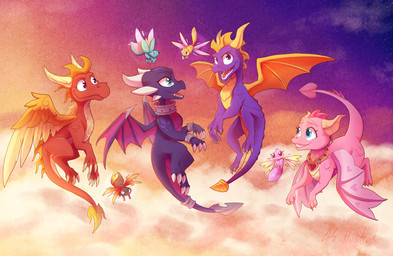 blue_eyes claws feathered_wings feathers female feral flying group male membrane_(anatomy) membranous_wings purple_eyes red_eyes smile tail wings aurum_k. activision mythology spyro_reignited_trilogy spyro_the_dragon cynder ember_(spyro) fan_character flame_(spyro) sparx spyro sting_(nicholas_kole) dragon mythological_creature mythological_scalie scalie hi_res
