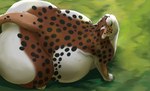 ambiguous_gender artist_name belly big_belly big_butt brown_body butt closed_smile eyes_closed facial_spots felid feral hi_res huge_belly huge_butt hybrid mammal markings mouth_closed pumapard red_nose roobin roobin_(character) simple_background smile solo spots spotted_back spotted_face spotted_legs spotted_markings spotted_tail tail tail_markings whiskers white_body