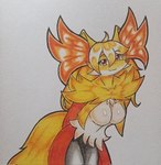 anthro black_body black_fur breasts female fur inner_ear_fluff looking_at_viewer multicolored_body multicolored_fur nude red_body smile solo tail tuft white_body white_fur yellow_body ideltasarc333 nintendo pokemon lilith_(nyxcha) canid canine delphox generation_6_pokemon mammal pokemon_(species) hi_res