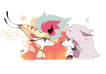 anthro blush clothing dress duo ears_down eye_contact eyelashes female female/female fur hair heart_symbol long_eyelashes looking_at_another moon multicolored_hair narrowed_eyes pivoted_ears red_sclera smile sun white_body white_fur wings deetea hellaverse helluva_boss mythology loona_(helluva_boss) queen_bee-lzebub_(helluva_boss) arthropod canid canid_demon canine demon fox hellhound hybrid insect mammal mythological_canine mythological_creature hi_res