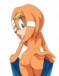 anthro back_boob bandage blue_eyes breasts butt butt_pose crooked_tail crown crown_only eyelashes female fur gold_(metal) gold_crown gold_jewelry gold_tiara headgear holding_object holding_towel jewelry looking_at_viewer looking_back nude orange_body orange_fur pose rear_view simple_background smile solo tail tiara tiara_only towel white_background scittykitty sega sonic_adventure sonic_the_hedgehog_(series) tikal_the_echidna echidna mammal monotreme hi_res