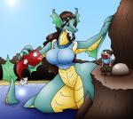 anthro breasts clothed clothing female group long_neck male non-mammal_breasts smile smirk tail trio sideswipe201k avatar:_the_last_airbender mythology nickelodeon katara sokka dragon fish marine mythological_creature mythological_scalie scalie