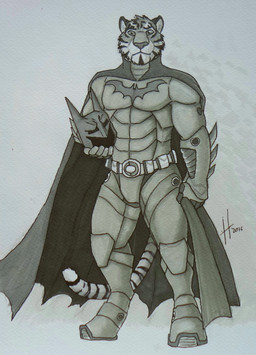 anthro armor cape cheek_tuft clothed clothing facial_markings facial_tuft front_view fur glistening glistening_eyes head_markings headgear helmet holding_armor holding_headgear holding_helmet holding_object looking_at_viewer male male_anthro markings mouth_closed solo standing striped_body striped_face striped_fur striped_markings striped_tail stripes superhero_costume tail tail_markings tuft hufnaar batman_(series) dc_comics batman hufnaar_(character) felid mammal pantherine tiger 2016 dated full-length_portrait hi_res monochrome portrait traditional_media_(artwork)