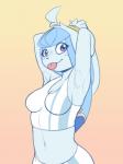 anthro anthrofied arms_above_head blep blue_hair bra clothing ears_tied_back female hair long_ears navel pokemorph purple_eyes solo sports_bra tongue tongue_out underwear frostynoten nintendo pokemon fan_character flurry_(character) eeveelution generation_4_pokemon glaceon pokemon_(species) 3:4 absurd_res half-length_portrait hi_res portrait