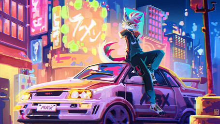 anthro black_nose blue_hair bottomwear building car cheek_tuft city city_background clothed clothing detailed_background eyebrows facial_tuft footwear fully_clothed hair hoodie looking_at_viewer male neon_lights night outside pants short_hair sitting sitting_on_car smile solo text tokyo topwear tuft vehicle lilysaart nissan canid canine mammal 2025 artist_name hi_res