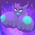 1:1 absurd_res areola big_breasts breasts female fluffyblarg generation_1_pokemon green_nipples haunter hi_res huge_breasts hyper hyper_breasts looking_at_viewer nintendo nipples not_furry open_mouth pokemon pokemon_(species) smile solo