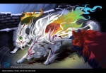 ambiguous_gender blood bodily_fluids feral fur group outside quadruped snow tail white_body white_fur grypwolf capcom clover_studio okami_(capcom) amaterasu_(okami) issun_(okami) oki_(okami) shiranui_(okami) canid canine canis deity mammal poncle wolf