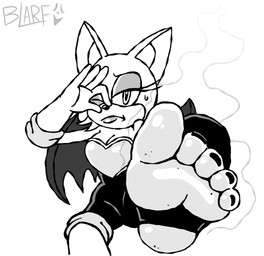 5_toes anthro bodily_fluids breasts cleavage clothed clothing dirty dirty_feet feet female foot_focus footwear holding_nose humanoid_feet lipstick makeup musk one_eye_closed one_shoe_on plantigrade shoes smelly smelly_feet solo stink_fumes stink_lines stirrup_legwear sweat sweatdrop toes wings blarf022 sega sonic_the_hedgehog_(series) rouge_the_bat bat mammal 2025 absurd_res black_and_white hi_res monochrome