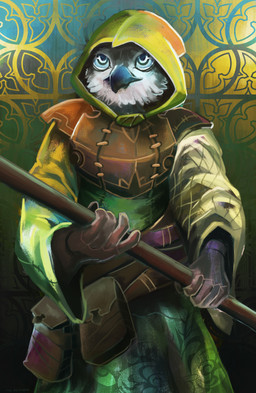 5_fingers anthro armor beak belt belt_pouch blue_eyes breastplate feathers fingers front_view holding_object holding_weapon hood hood_up looking_at_viewer male melee_weapon pattern_background polearm simple_background solo standing weapon white_body white_feathers plive avian bird owl 2018 absurd_res green_theme hi_res signature smaller_version_at_source