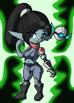 arm_computer belt belt_buckle black_hair blue_eyes boots bottomwear buckle clothing crop_top female footwear hair kerchief knee_pads pants ponytail shirt shoes shortstack shortstack_female smile solo standing teal_body teal_skin topwear victory_pose dragojin_(artist) league_of_legends riot_games tencent abigail_(dragojin) humanoid yordle hi_res