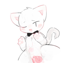 abdominal_bulge animal_genitalia animal_penis anthro anthro_penetrated arms_bent blush bow_tie cat_smile cat_tail chibi claws clitoris disembodied_penis duo female female_anthro female_penetrated fur genitals glistening glistening_genitalia glistening_penis male male/female male_penetrating male_penetrating_female navel one_eye_closed pawpads penetration penis pink_penis sex simple_background simple_eyes white_background white_body white_fur kirichiiii kiri_(kirichiiii) domestic_cat felid feline felis mammal