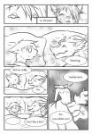 2012 anthro bed black_and_white comic danji-isthmus dialogue duo english_text eyes_closed furniture hi_res ladonumia male male/male mammal monochrome morning morning_after nude scalie sleeping text what