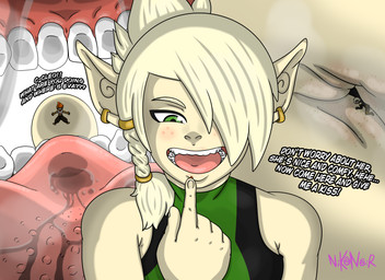 armpit_fetish blonde_hair dialogue ear_piercing ear_ring extreme_size_difference female female_prey freckled_face freckles green_eyes hair humanoid_pointy_ears imminent_vore larger_female male male_pred micro_female micro_male not_furry piercing pointy_ears ring_piercing size_difference teeth text nikonoir ankama wakfu cleophee_(wakfu) evangelyne_(wakfu) percedal_(wakfu) cra elf humanoid iop 2025 absurd_res english_text hi_res sibling_(lore) sister_(lore) sisters_(lore)