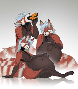 anthro belly big_belly blue_hair grey_eyes hair long_ears long_tail male solo stripes tail vore cmitchell ailurid bear canid canine fox giant_panda hybrid mammal red_panda absurd_res hi_res
