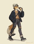 anthro biped bottomwear clothed clothing countershade_face countershade_fur countershade_neck countershading dipstick_tail fingers fur male markings pants solo tail tail_markings torn_bottomwear torn_clothing torn_pants greyy canid canine mammal absurd_res hi_res