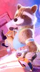 bottomwear brown_body brown_fur clothed clothing fur looking_at_viewer looking_back looking_back_at_viewer pants reclining shirt snout tank_top topwear whiskers wrist_guards yellow_sclera sidekick guardians_of_the_galaxy marvel rocket_raccoon mammal procyonid raccoon hi_res watermark