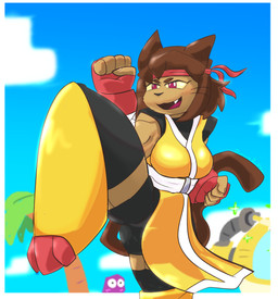 accessory anthro female headband kick knees_up kung_fu muscular robotic_leg robotic_limb solo dungeondoodlez gameoverse glitch_productions gobbles_(gameoverse) kit_bodega domestic_cat felid feline felis mammal absurd_res hi_res