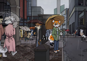 anthro female group male outside raining umbrella nekeithfox canid canine canis domestic_dog fox mammal procyonid raccoon absurd_res hi_res